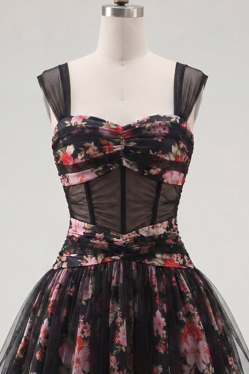 Load image into Gallery viewer, Black Pink Floral A Line Ruched Short Corset Prom Dress