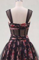 Load image into Gallery viewer, Black Pink Floral A Line Ruched Short Corset Prom Dress