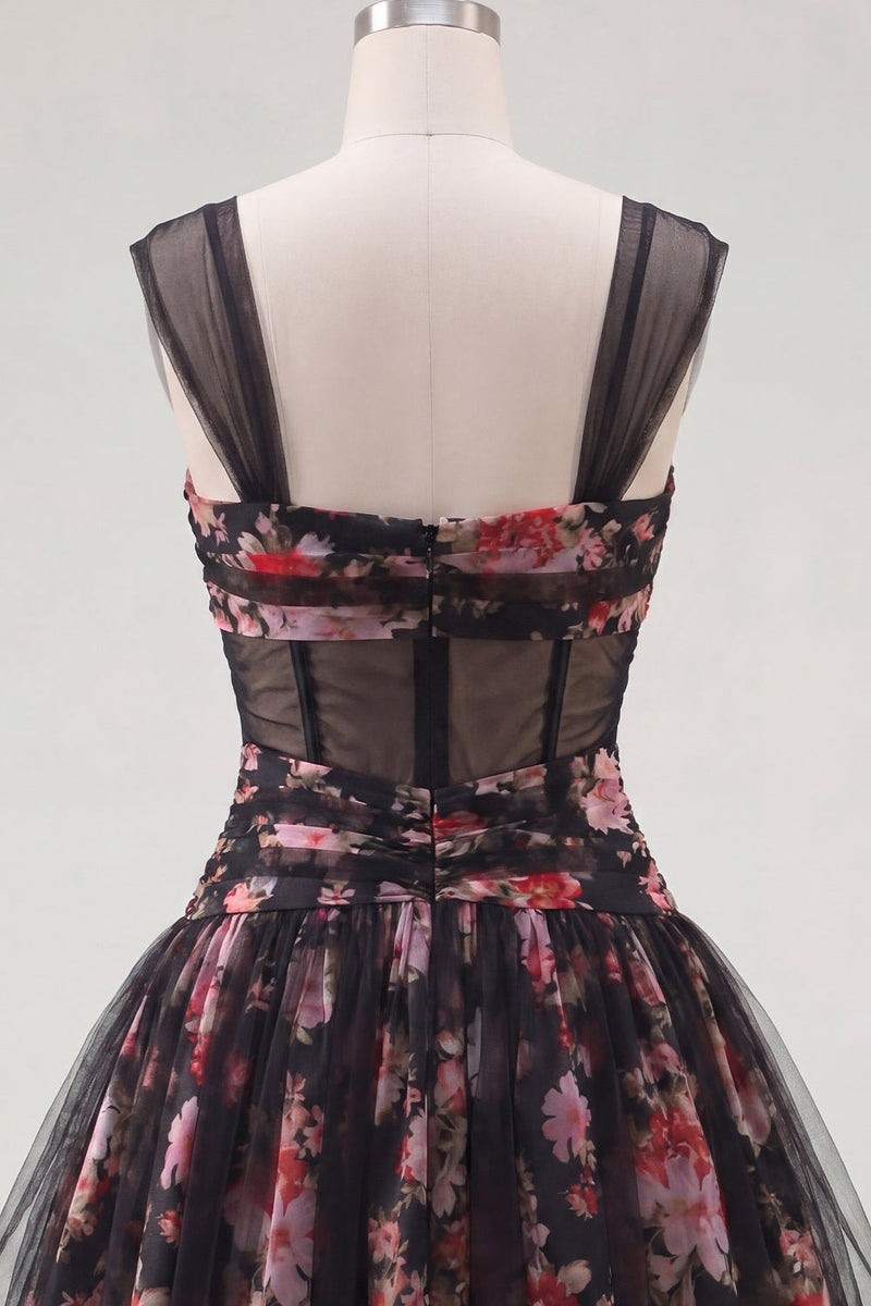 Load image into Gallery viewer, Black Pink Floral A Line Ruched Short Corset Prom Dress