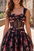 Load image into Gallery viewer, Black Pink Floral A Line Ruched Short Corset Prom Dress