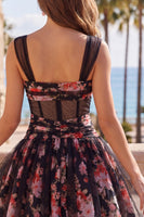 Load image into Gallery viewer, Black Pink Floral A Line Ruched Short Corset Prom Dress