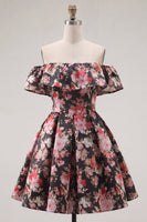 Load image into Gallery viewer, Off the Shoulder A Line Black Pink Flower Short Prom Dress