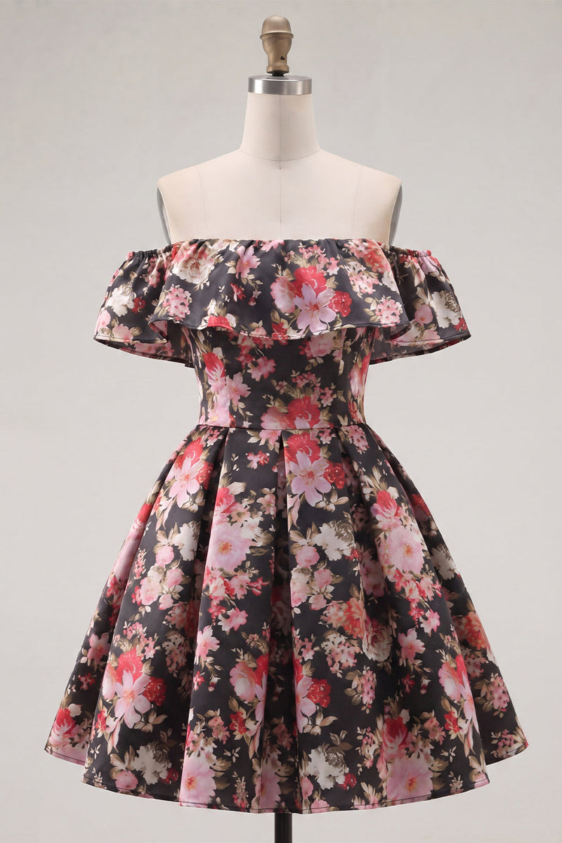 Load image into Gallery viewer, Off the Shoulder A Line Black Pink Flower Short Prom Dress