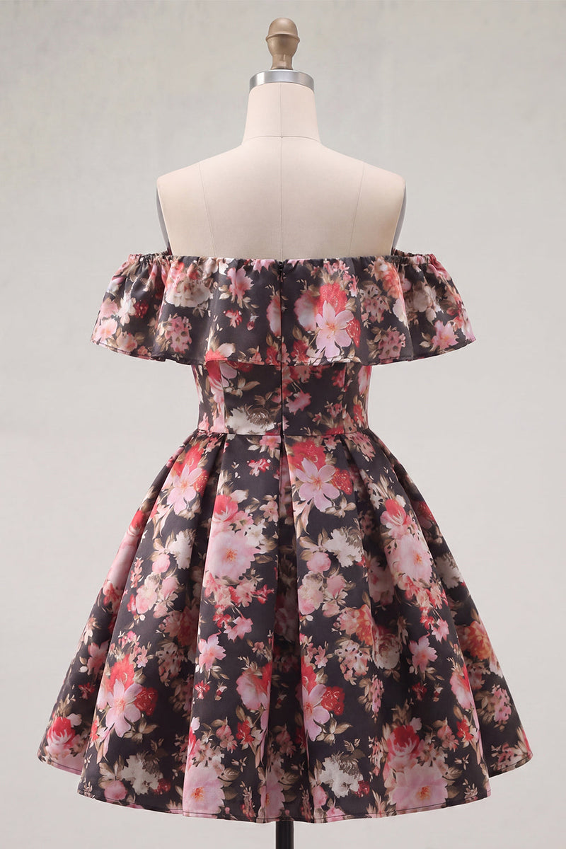 Load image into Gallery viewer, Off the Shoulder A Line Black Pink Flower Short Prom Dress