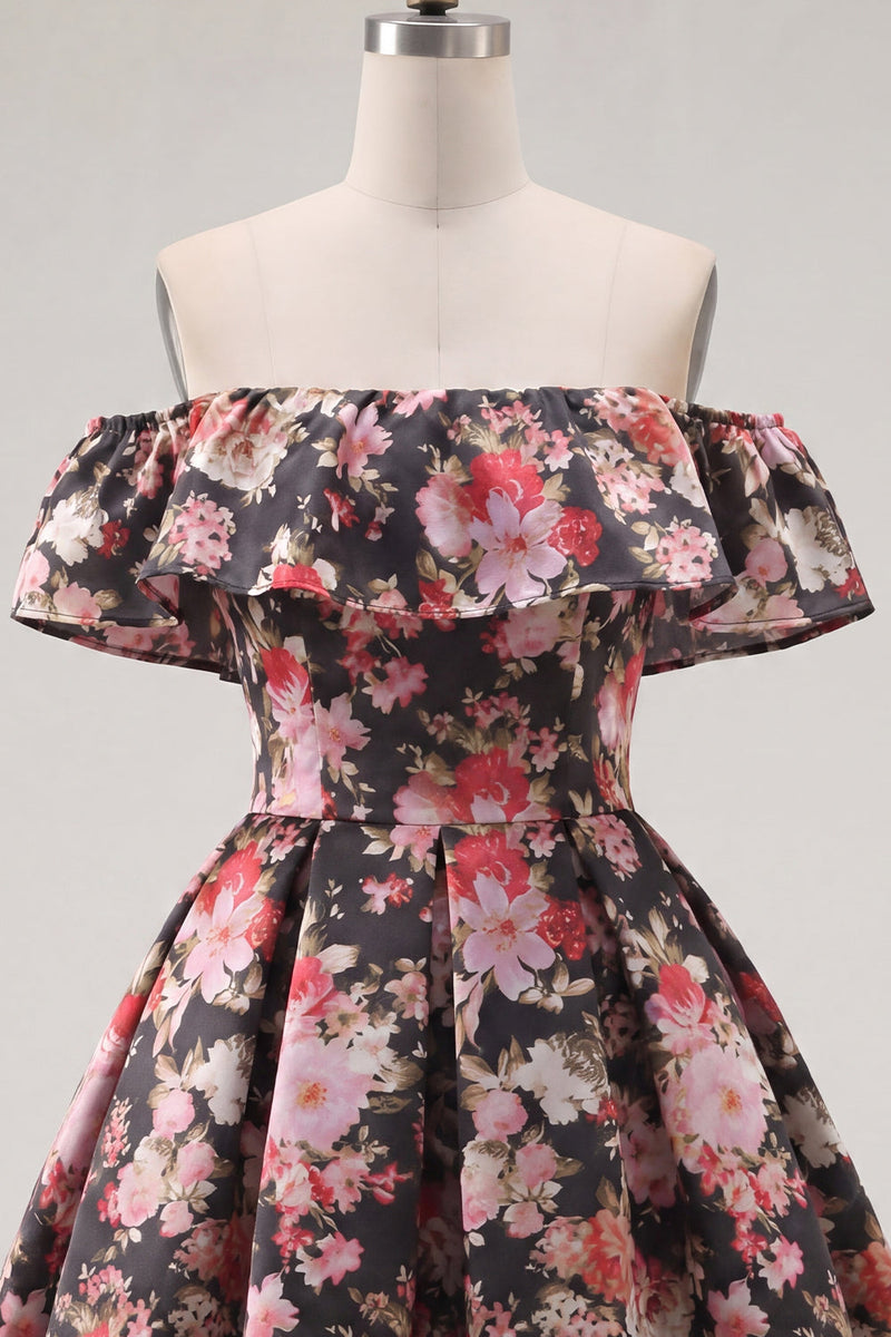 Load image into Gallery viewer, Off the Shoulder A Line Black Pink Flower Short Prom Dress