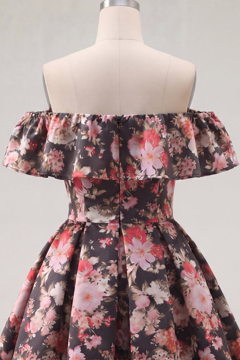 Load image into Gallery viewer, Off the Shoulder A Line Black Pink Flower Short Prom Dress
