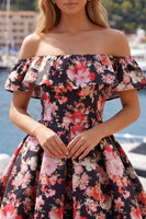 Load image into Gallery viewer, Off the Shoulder A Line Black Pink Flower Short Prom Dress