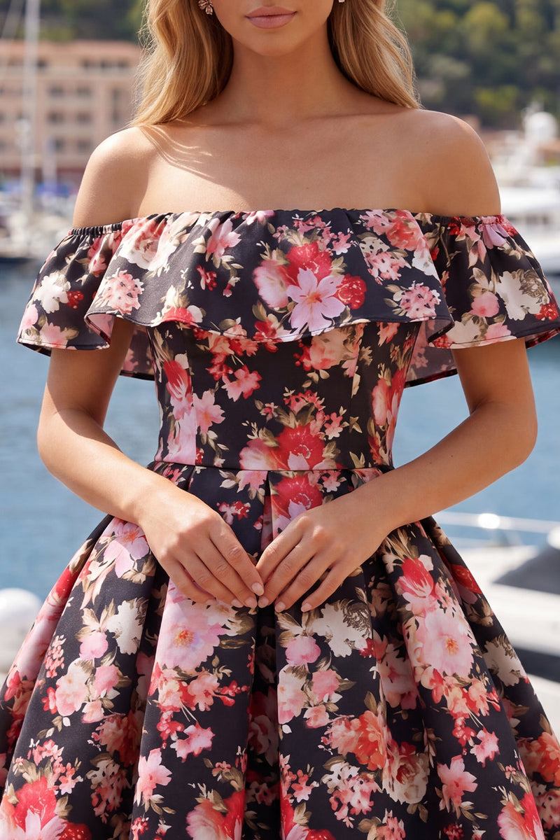 Load image into Gallery viewer, Off the Shoulder A Line Black Pink Flower Short Prom Dress