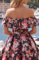 Load image into Gallery viewer, Off the Shoulder A Line Black Pink Flower Short Prom Dress