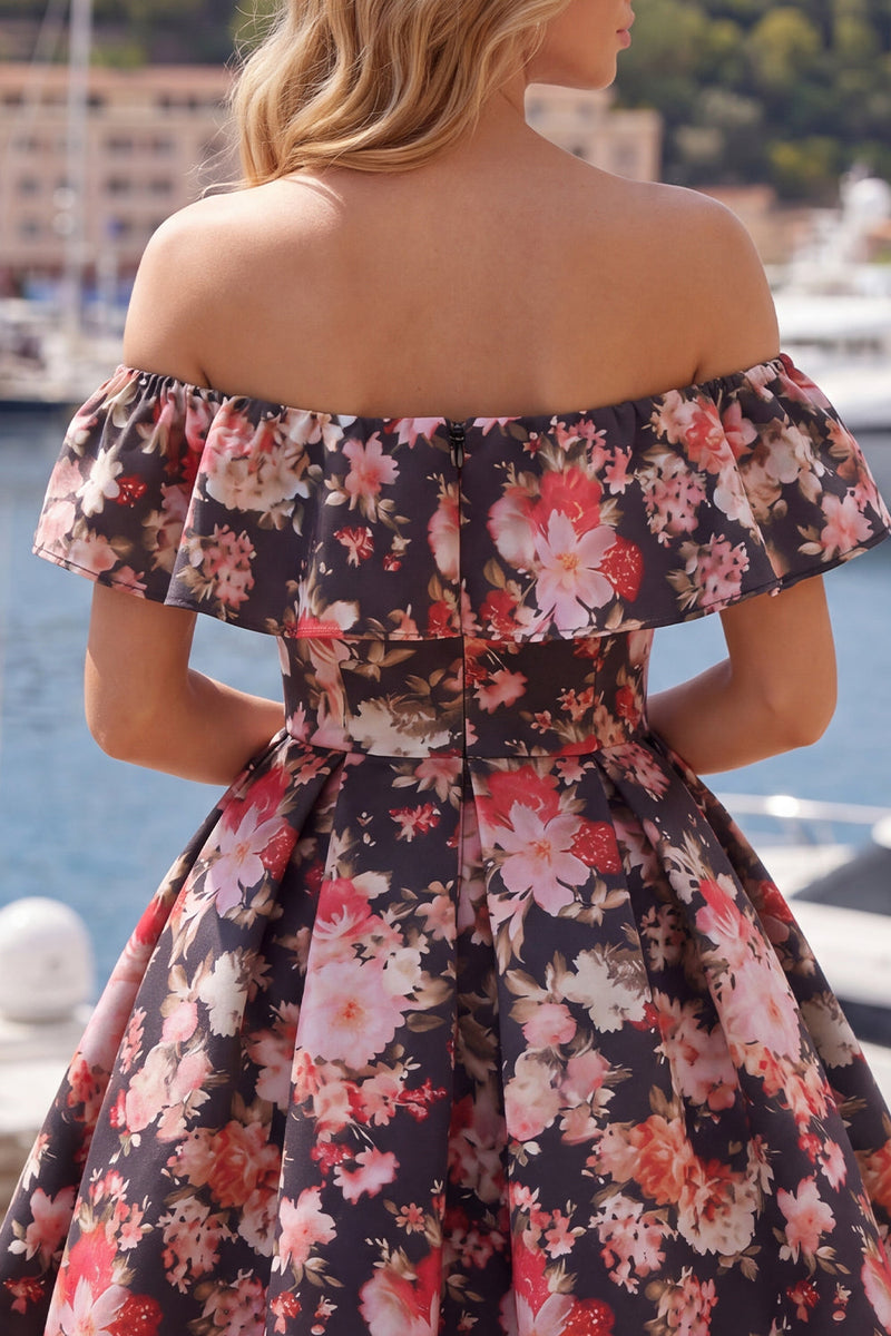 Load image into Gallery viewer, Off the Shoulder A Line Black Pink Flower Short Prom Dress