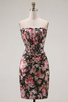 Load image into Gallery viewer, Ruched Tight Corset Strapless Short Black Pink Flower Prom Dress