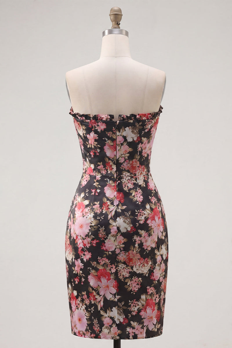 Load image into Gallery viewer, Ruched Tight Corset Strapless Short Black Pink Flower Prom Dress