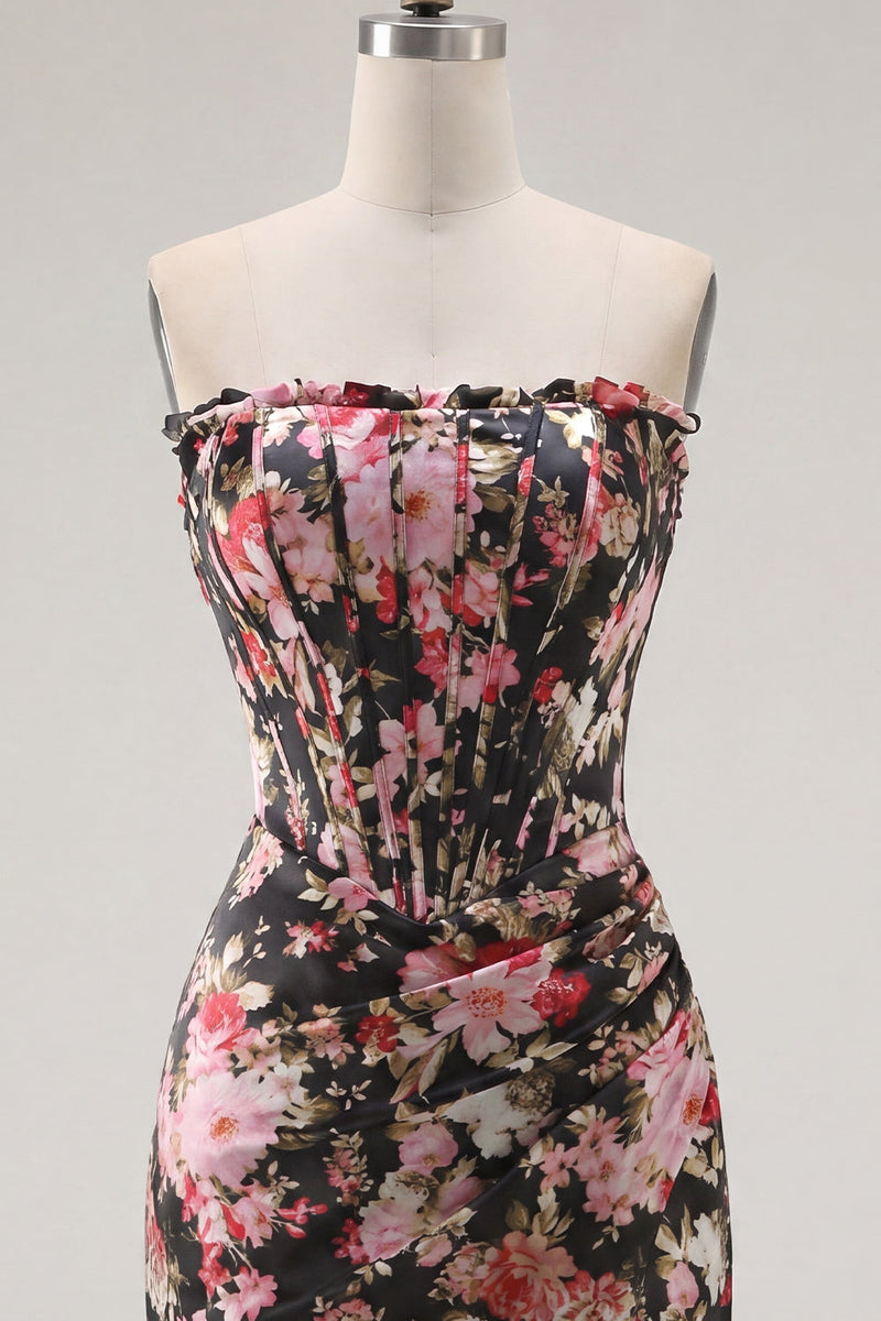 Load image into Gallery viewer, Ruched Tight Corset Strapless Short Black Pink Flower Prom Dress