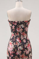 Load image into Gallery viewer, Ruched Tight Corset Strapless Short Black Pink Flower Prom Dress