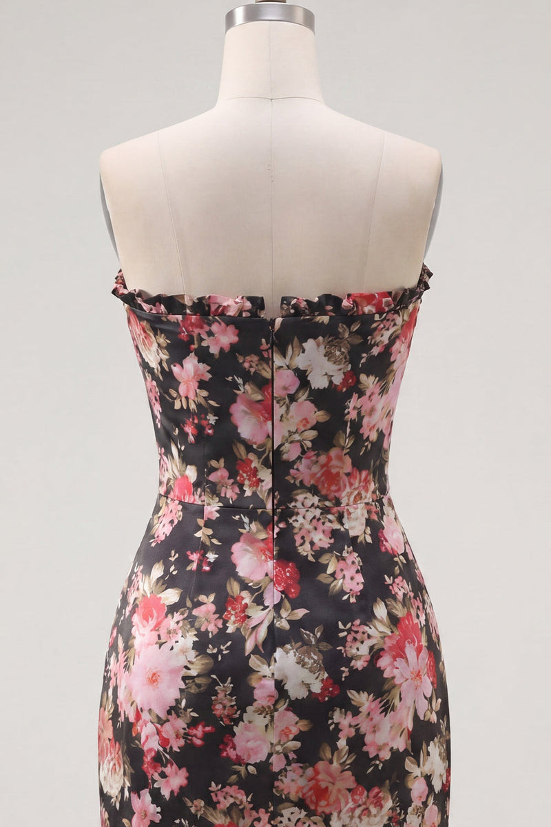Load image into Gallery viewer, Ruched Tight Corset Strapless Short Black Pink Flower Prom Dress