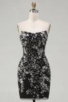 Load image into Gallery viewer, Sparkly Black Tight Short Strapless Ruched Floral Prom Dress with Sequins