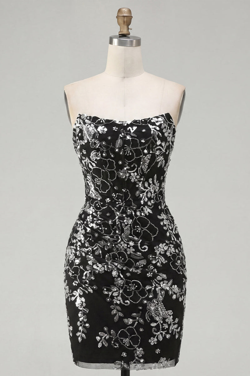 Load image into Gallery viewer, Sparkly Black Tight Short Strapless Ruched Floral Prom Dress with Sequins
