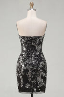 Load image into Gallery viewer, Sparkly Black Tight Short Strapless Ruched Floral Prom Dress with Sequins