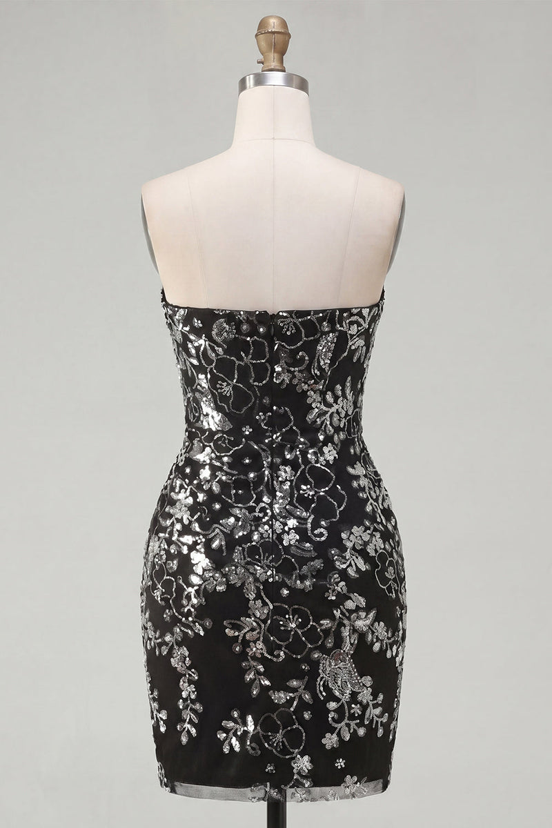 Load image into Gallery viewer, Sparkly Black Tight Short Strapless Ruched Floral Prom Dress with Sequins