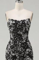 Load image into Gallery viewer, Sparkly Black Tight Short Strapless Ruched Floral Prom Dress with Sequins