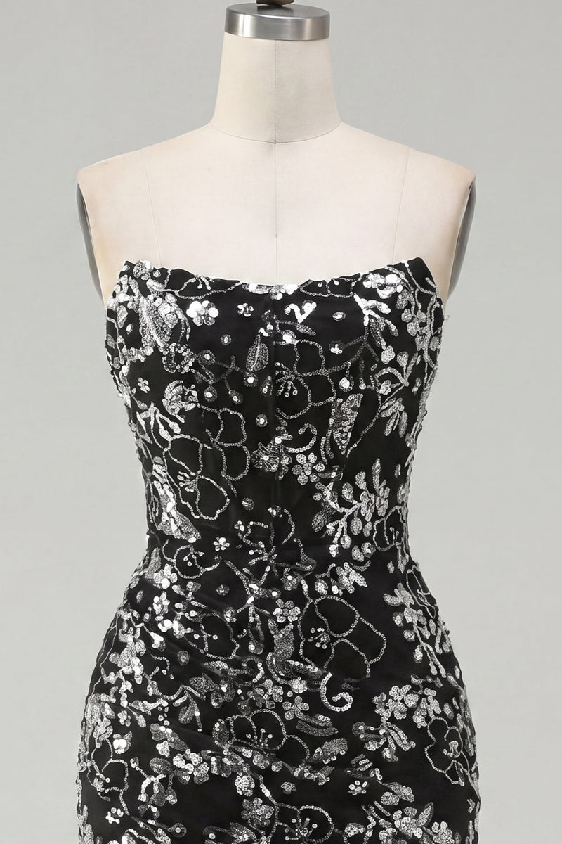 Load image into Gallery viewer, Sparkly Black Tight Short Strapless Ruched Floral Prom Dress with Sequins