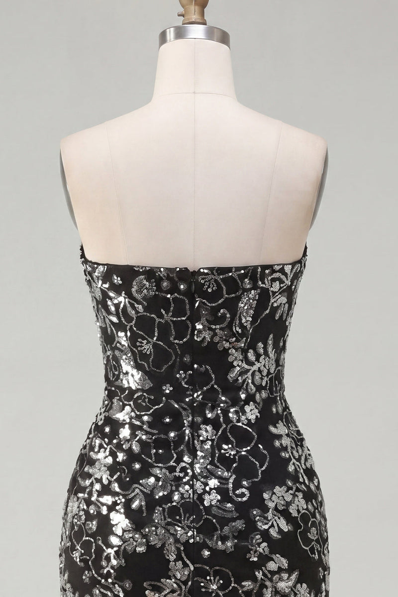 Load image into Gallery viewer, Sparkly Black Tight Short Strapless Ruched Floral Prom Dress with Sequins