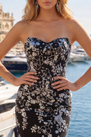 Load image into Gallery viewer, Sparkly Black Tight Short Strapless Ruched Floral Prom Dress with Sequins