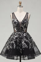 Load image into Gallery viewer, Floral Sparkly Black Sequin Short A Line Prom Dress