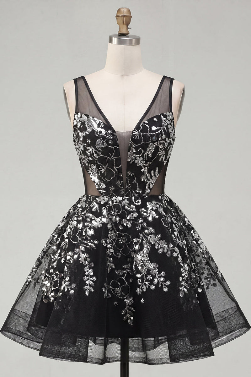 Load image into Gallery viewer, Floral Sparkly Black Sequin Short A Line Prom Dress