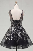 Load image into Gallery viewer, Floral Sparkly Black Sequin Short A Line Prom Dress