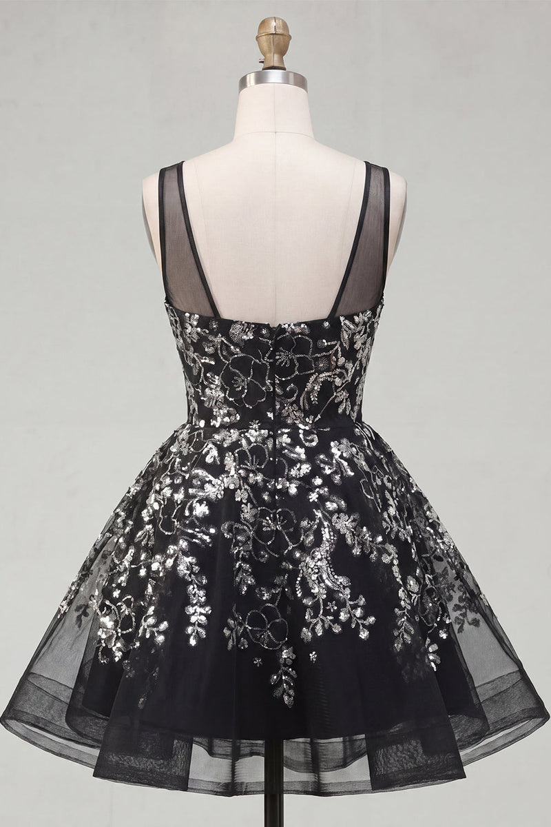 Load image into Gallery viewer, Floral Sparkly Black Sequin Short A Line Prom Dress