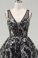 Load image into Gallery viewer, Floral Sparkly Black Sequin Short A Line Prom Dress