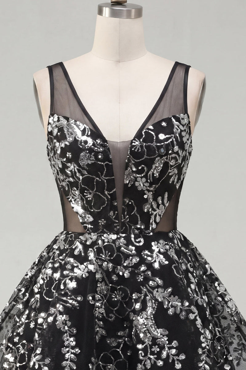 Load image into Gallery viewer, Floral Sparkly Black Sequin Short A Line Prom Dress
