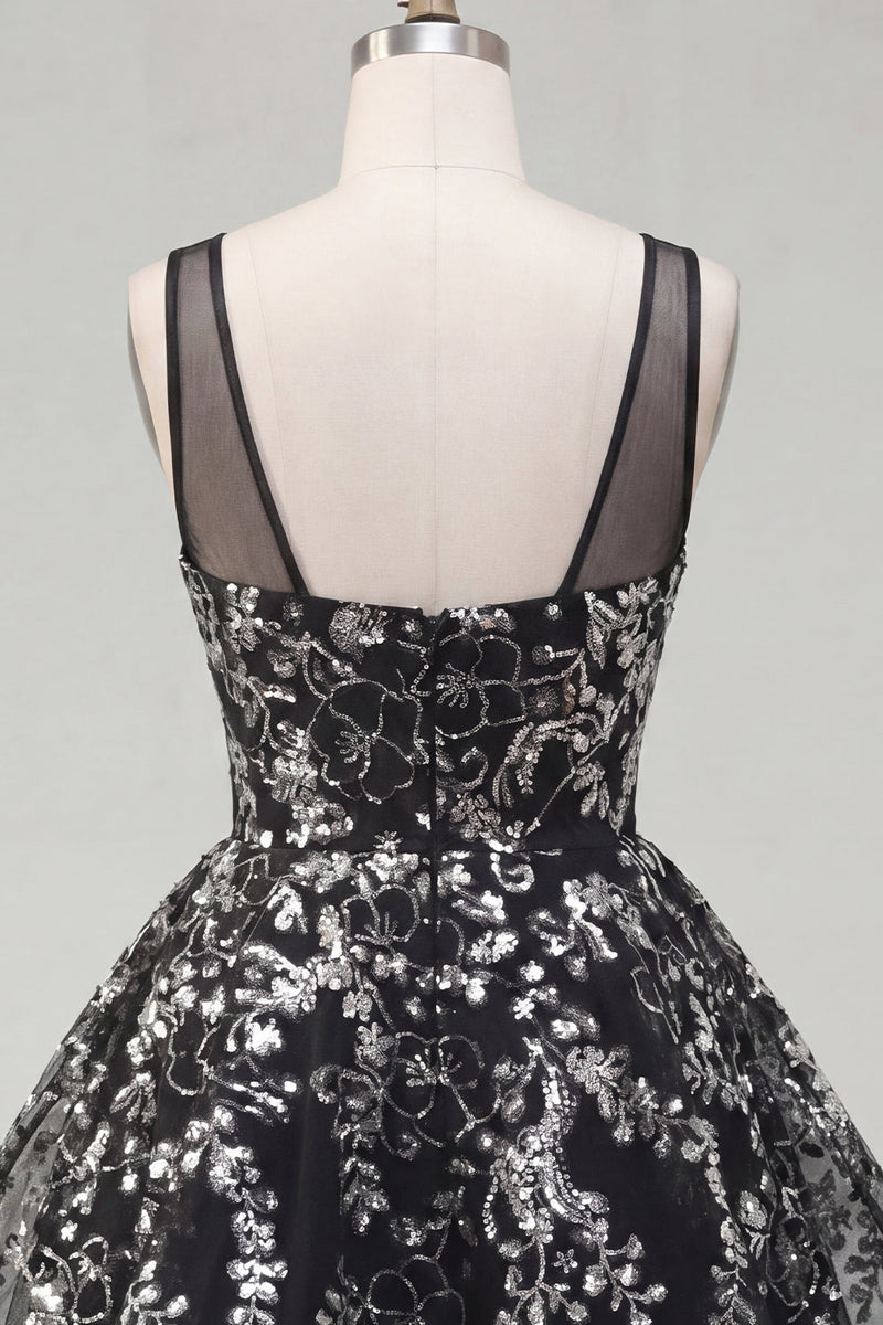 Load image into Gallery viewer, Floral Sparkly Black Sequin Short A Line Prom Dress