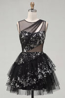 Load image into Gallery viewer, Floral Keyhole Short Sequin Sparkly Black A Line Prom Dress