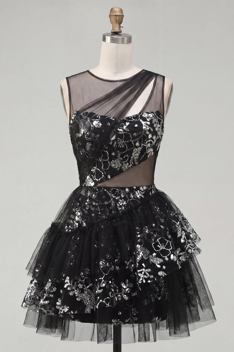 Load image into Gallery viewer, Floral Keyhole Short Sequin Sparkly Black A Line Prom Dress