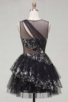 Load image into Gallery viewer, Floral Keyhole Short Sequin Sparkly Black A Line Prom Dress