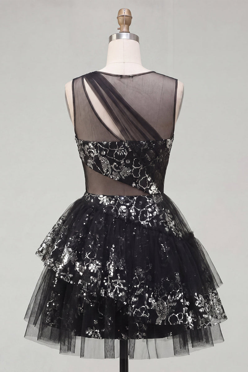 Load image into Gallery viewer, Floral Keyhole Short Sequin Sparkly Black A Line Prom Dress