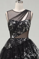 Load image into Gallery viewer, Floral Keyhole Short Sequin Sparkly Black A Line Prom Dress