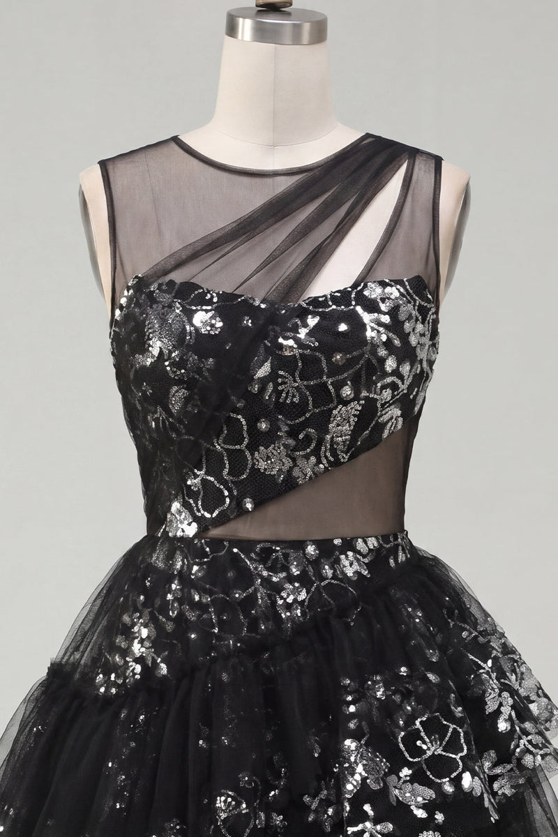 Load image into Gallery viewer, Floral Keyhole Short Sequin Sparkly Black A Line Prom Dress