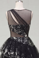 Load image into Gallery viewer, Floral Keyhole Short Sequin Sparkly Black A Line Prom Dress
