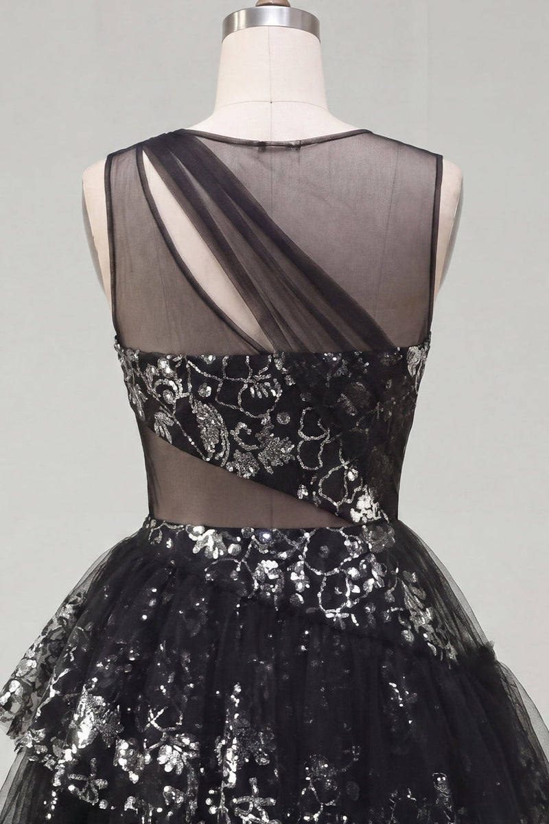 Load image into Gallery viewer, Floral Keyhole Short Sequin Sparkly Black A Line Prom Dress