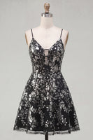 Load image into Gallery viewer, Spaghetti Straps Floral Sparkly Sequin Black Short A Line Prom Dress
