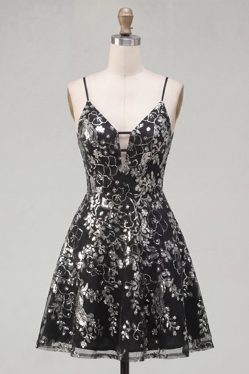 Load image into Gallery viewer, Spaghetti Straps Floral Sparkly Sequin Black Short A Line Prom Dress