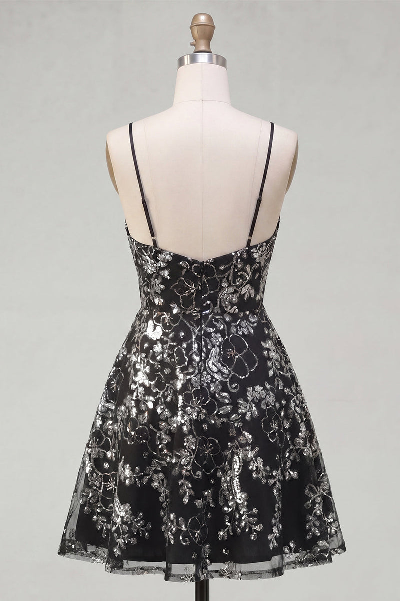 Load image into Gallery viewer, Spaghetti Straps Floral Sparkly Sequin Black Short A Line Prom Dress