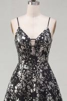 Load image into Gallery viewer, Spaghetti Straps Floral Sparkly Sequin Black Short A Line Prom Dress