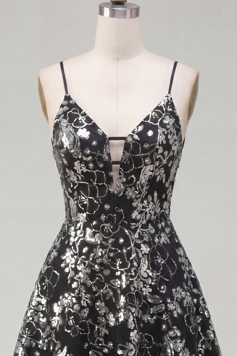 Load image into Gallery viewer, Spaghetti Straps Floral Sparkly Sequin Black Short A Line Prom Dress
