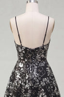 Load image into Gallery viewer, Spaghetti Straps Floral Sparkly Sequin Black Short A Line Prom Dress