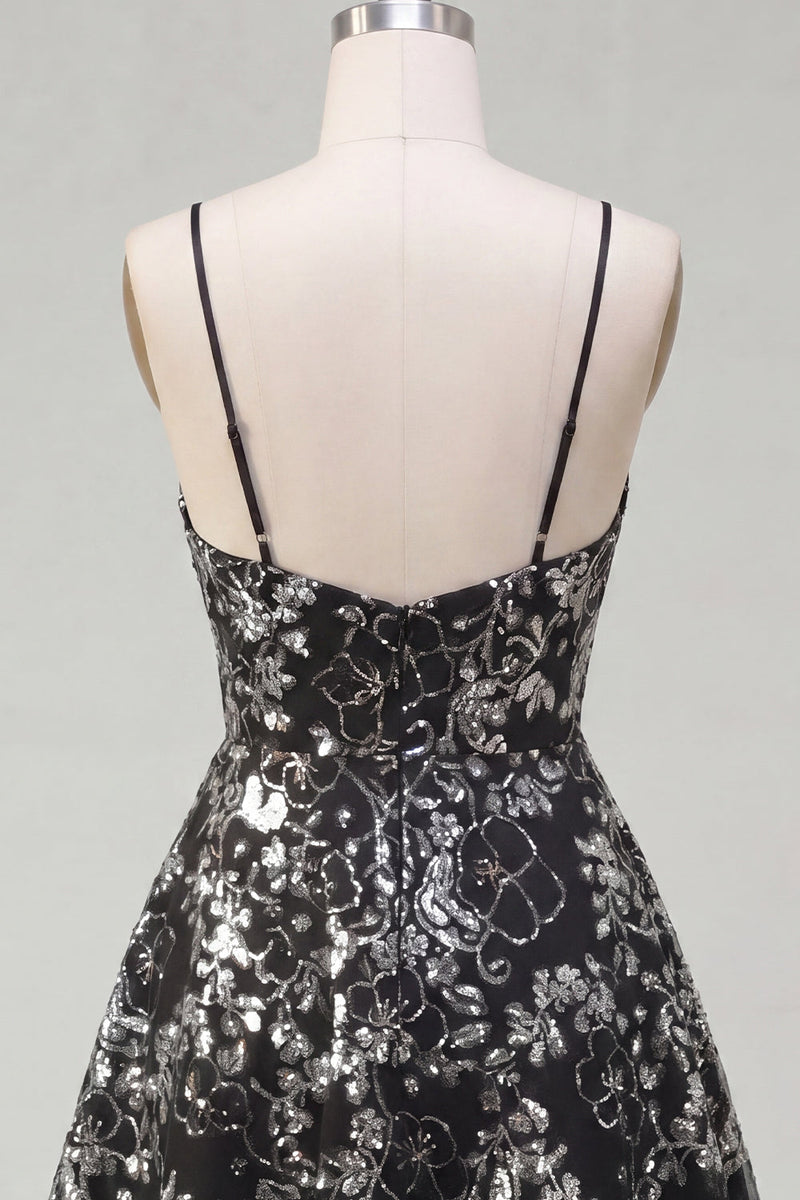 Load image into Gallery viewer, Spaghetti Straps Floral Sparkly Sequin Black Short A Line Prom Dress