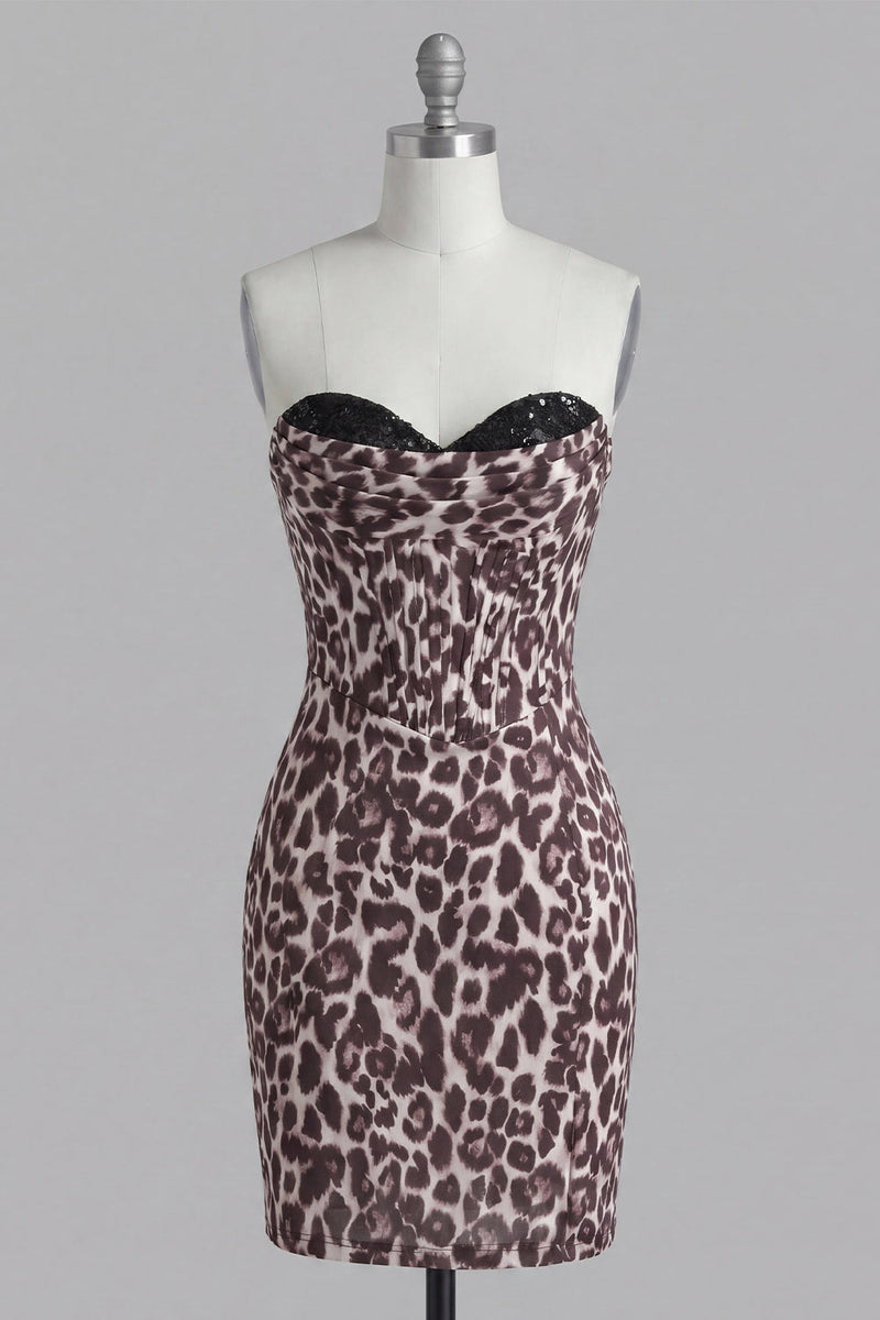 Load image into Gallery viewer, Coffee Leopard Print Tight Corset Short Ruched Prom Dress with Beading